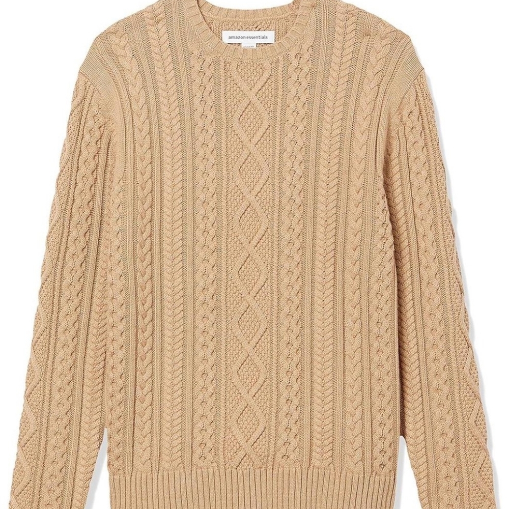 Men's Beige Cable Crewneck Knit Sweater